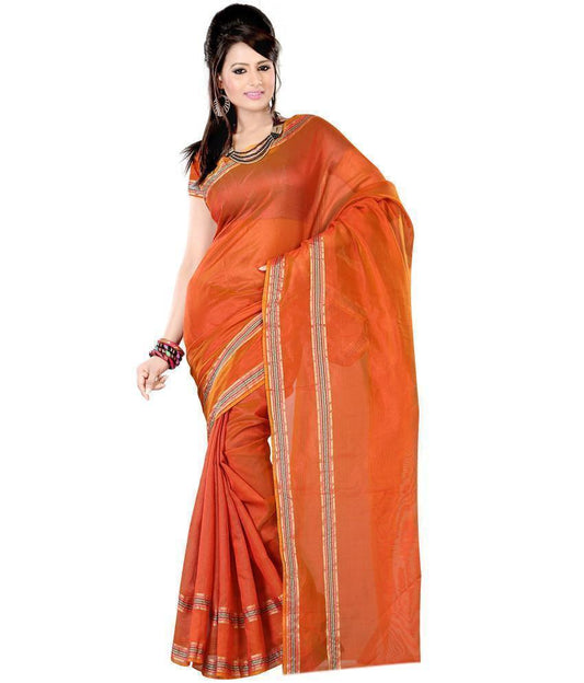 Auspicious Festival wear Orange Cotton Silk Saree - Ethnicyug