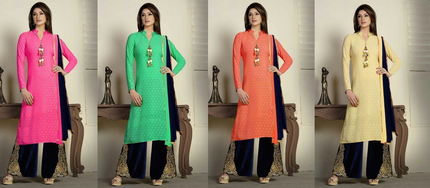 4 Color 4 Pcs Indian Pakistani Bollywood Designer Georgette Salwar Kameez Suit - Ethnicyug