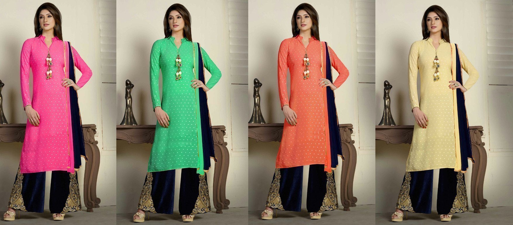 4 Color 4 Pcs Indian Pakistani Bollywood Designer Georgette Salwar Kameez Suit - Ethnicyug