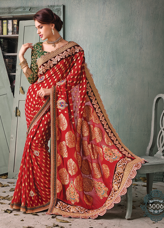 Banarasi RED Indian Pakistani Designer Bollywood Wedding Embroidered Saree - Ethnicyug