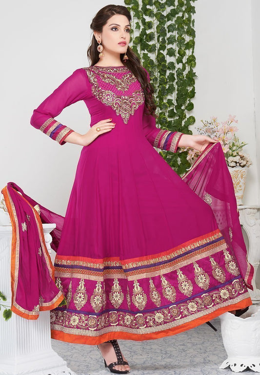 Beautiful Deep Pink Color Grorgette Designer Anarkali - Ethnicyug