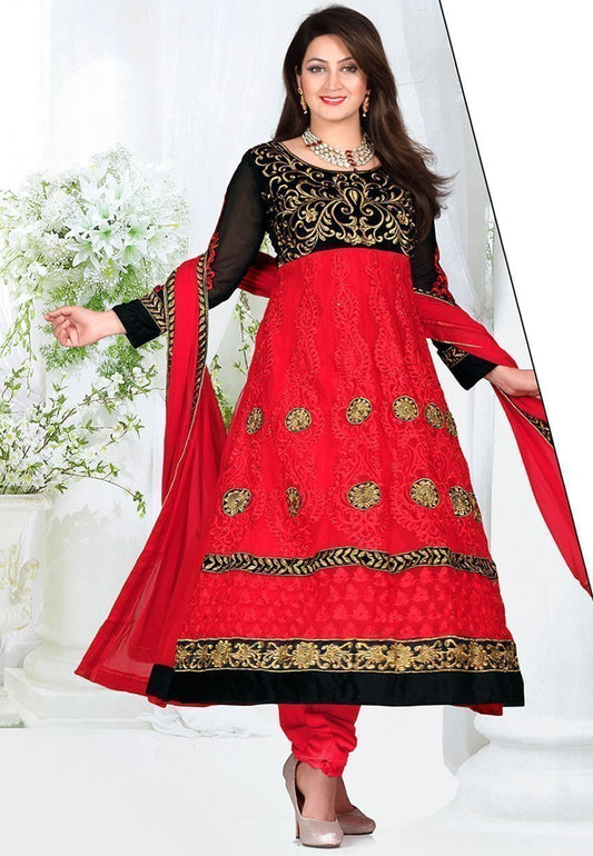 Aesthetic Red Color Net Designer Anarkali Suit - Ethnicyug