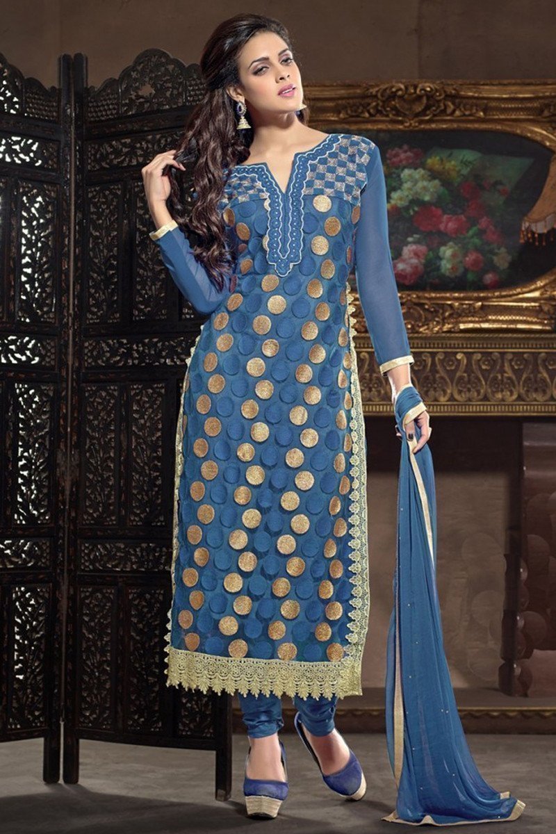 Amazing Blue Semi Stitched Party Wear Salwar Kameez EBSFSK15501F - Ethnicyug